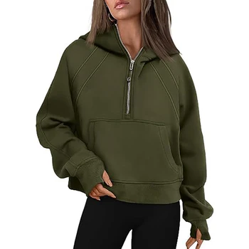 2023 Есен-зима, топли дамски блузи, просто случаен обикновен дизайн с цип, с качулка и големи джобове, свободни дамски ежедневни пуловери