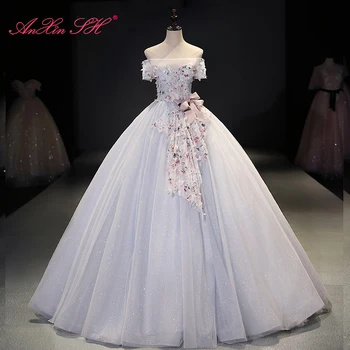 AnXin SH princess сребристо-синята лейси горловина-машина с голям розов нос, винтажное бална рокля за парти с цветя, расшитое мъниста, вечерна рокля за парти на сцената