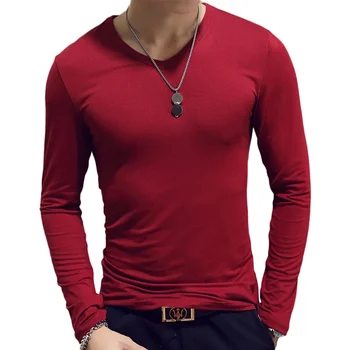 B1824 Мъжка тениска с кръгло деколте и дълъг ръкав, Обикновена тениска от млечен коприна, Мъжки дрехи, гъвкав Тънък топ