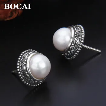 BOCAI New S925, Аксесоар за сребърни накити, обеци с цветя модел под формата на лозя, обеци от естествени сладководни перли за жени, модерен подарък за рожден Ден
