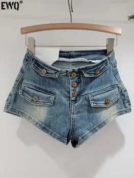 [EWQ] Дънкови шорти копчета в американските ретро-стил, сексуална универсални Широки панталони трапецовидна форма, топли панталони За жени 2024, Пролет-лято 6U7618