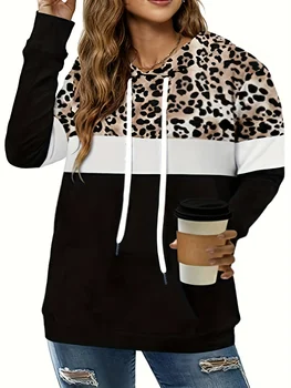Hoody с качулка с леопардовым принтом и джоб кенгуру голям размер, Ежедневни hoody с дълъг ръкав и завязками, дамски дрехи