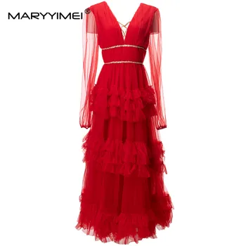 MARYYIMEI/ една модерна женствена рокля С V-образно деколте, расшитое мъниста, прозрачни пайети, С дълги ръкави, секси, с отворен гръб, с пластове волани, Мрежести вечерни рокли