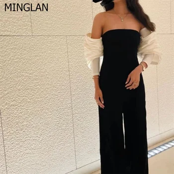 MINGLAN Черно Модно вечерна рокля трапецовидна форма, с пищни ръкави без презрамки в сгъвката на дължина до пода, в Елегантна вечерна рокля за бала, Новост 2023 година