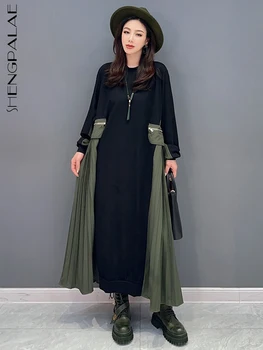 SHENGPALAE, есен 2023, Нова рокля-карго за жени, Модерно мозайка рокля в контрастен цвят, с кръгло деколте, Универсално свободно женствена рокля 5R6158