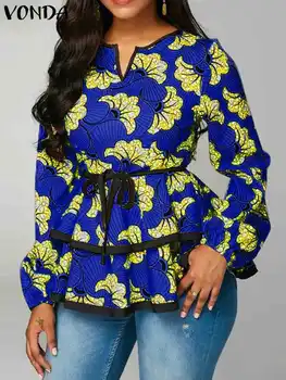 Блуза Оверсайз 2023 VONDA Модни дамски есенни ризи с дълъг ръкав, Елегантни блузи с принтом, блуза за почивка на плажа, дамски блузи