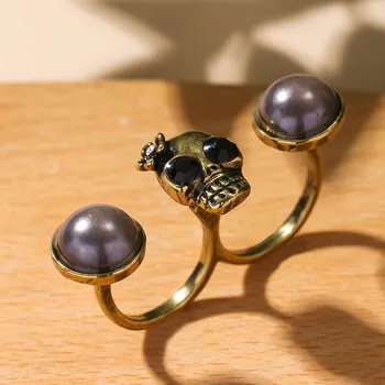 Винтажное пръстен с два пръста във формата на череп в стил Пънк, Готик Рокер, Отворен пръстен С кристали, Пръстени от древния Злато, Бижута от перли.
