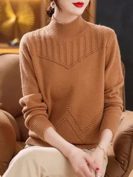 Вязаный пуловер, Пуловер, Всекидневни пуловер с дълъг ръкав, Обикновен Ретро Универсален Обикновен пуловер с наполовина висока яка, модни градинска облекло