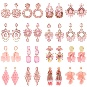 Дамски висящи обеци Romantic Fashion серия в Розов цвят, Елегантни и луксозни бижута и аксесоари с геометрични листенца и кристали