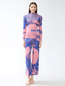 Дамски комплекти, панталони от две части с розов принтом Miyake, есен-зима 2023, Нова оригинална дизайнерска тениска с дълъг ръкав