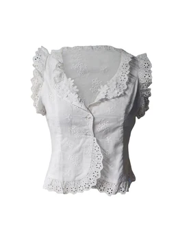 Дамски съкратен блузи с флорални принтом в стил бохо, открити рамене и рюшами, без ръкави, с дантелен завършек, отворени капаци на копчета отпред