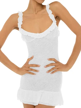 Дамско Елегантно Бельо Дебнещ Мини-рокля без ръкави с отворен гръб и къдри на бретелях за стилна лятна парти или клуб pm