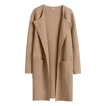 Дамско палто със средна дължина, есен-зима, яка с ревери, Елегантен монофонични джоба, Дълги ръкави, Ежедневни Свободна дамско яке, връхни дрехи