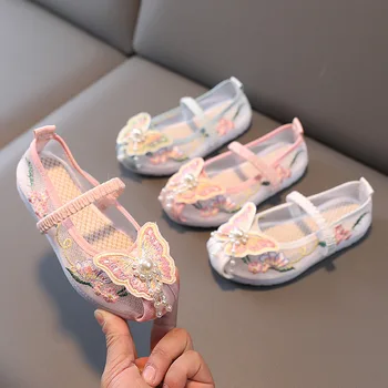 Детска тъканно обувки с бродерия за момичета, обувки за танци Hanfu, Обувки за изказвания, Скъпа принцеса, Детски обувки с пеперуди на равна подметка в традиционен стил