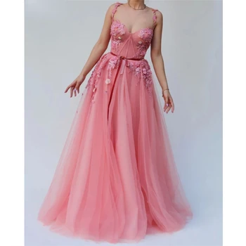 Дълги прозрачни рокли за абитуриентски бал с цветя аппликацией на спагети презрамки-спагети 2023, секси иллюзионный leaf, пищни тюлевое вечерна рокля без гръб