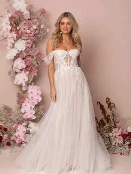 Елегантна сватбена рокля трапецовидна форма от тюл с открити рамене, дантелени апликации във формата на сърце, расшитое мъниста Сватбена рокля, секси рокля с отворен гръб, Vestidos De Новия
