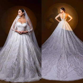 Елегантни Сватбени рокли Принцеса с дълги ръкави, бродирани с пайети и мъниста, Сватбени и бални рокли по поръчка Vestidos De Новия