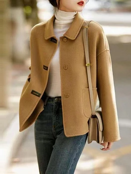 Есенна мода вълнена топла сако с ревери, дамско луксозно однобортное дебели палта с дълъг ръкав, зимни офис женски улични якета