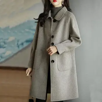 Жена вълна палто Стилно дамско палто, вълнена с джобове за лацканах за есента и зимата, однобортное палто свободно намаляване за студеното време