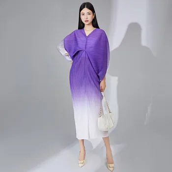 Женствена рокля Miyake Плиссированное Есен Ново Модно Наклон Цвят С V-образно деколте И Ръкав 