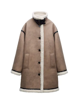 Зимни дамски свободна дебела топла дълго палто от изкуствена кожа с кожа агне, винтажное женски однобортное палто с подплата, връхни дрехи