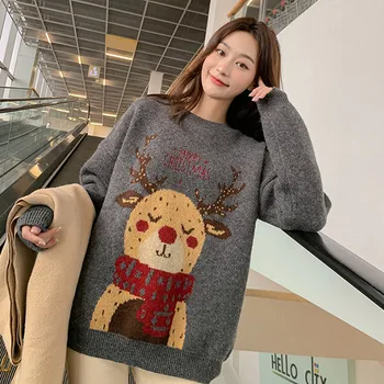 Коледен подарък Есен зима свободен Пуловер Женски Пуловер корейски дамски пуловери, плетени калъф за скок с дълъг ръкав Коледни сиви върхове