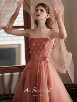 Коралово-розови коктейлни рокли С подвижни пищни ръкави, наметало от тюл, апликация трапецовидна форма, расшитая мъниста, сватбени рокли за абитуриентски бал, новост 2023 година