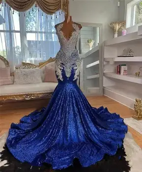 Кралско синьо Дълга рокля за бала, за чернокожите момичета 2024, расшитое мъниста и пайети, рокли за парти по случай рожден ден, вечерна рокля Русалка, Robe De Bal