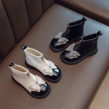 Къси ботуши за момичета с пеперуди, елегантни детски зимни ботуши с цип, плюшен лоскутная обувки 23-36, стилна гъвкава детски обувки на плоска подметка