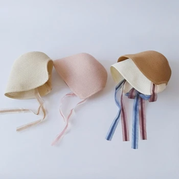 Лятна детска панама за малки момичета, Регулируем сламена шапка, детска плажна шапка за предпазване от слънцето, плътен цвят 3-7 години