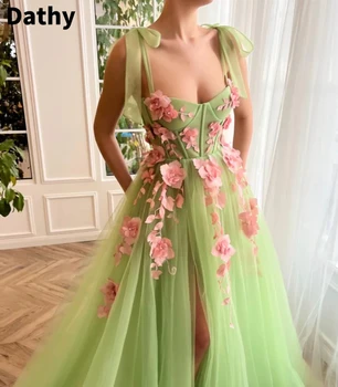 Лятото Женствена рокля с Висока цепка, Хубава Зелена Рокля от Тюл А-силует с 3D принтом, Vestidos De Noche 2023