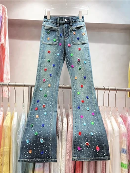 Модни дамски дънки с висока талия, бродирани с цветни диаманти, разкроена Дълги тънки дънкови панталони 2024, Пролетно нова мода по поръчка