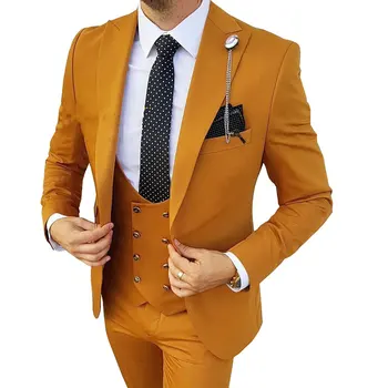 Мъжки костюм, комплект от 3 теми, обикновен обикновен предмет, оборудвана бизнес костюм на един пуговице, подходящ за сватбен банкет, яке, жилетка, панталони