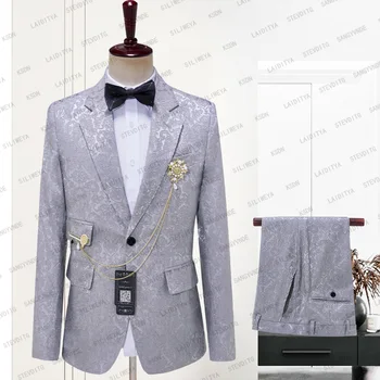 Най-новият дизайн на сивото жаккардового палто с цветен модел 2023 г., Мъжки костюми, ушити по поръчка, Смокинг Сако от 2 теми, Сватбен костюм на младоженеца Homme