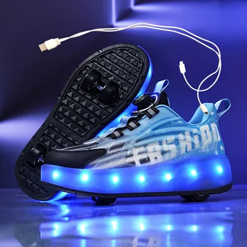 Нова синя USB зареждане, модерни обувки за момичета и момчета с led подсветка, обувки за каране на ролери за деца, детски маратонки с колела, четири колела
