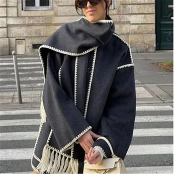 Ново свободно дамско палто с шал, джоб с дълъг ръкав, однобортные дамски палта 2023, есенно-зимни модни дамски градинска яке