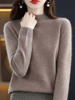 Половината поло, 100% чиста вълна женски есенно-зимния пуловер, кратък свободен пуловер вътре с трикотажным дъното