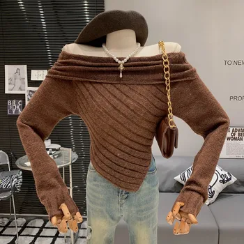 Пуловер с неправилна форма с отворени рамене, женски нежен вязаный най-пуловер с дълги ръкави