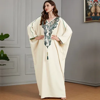 Рамадан Мароко Близък Изток Арабски обикновена бродирани ръкави прилеп Ежедневното дамско Супер свободно рокля-мушим с пискюли Хавлия