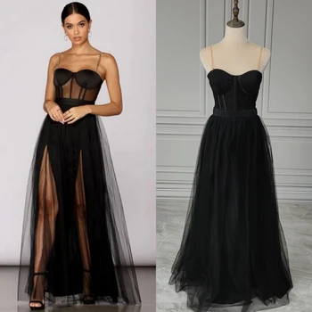 Реални снимки Черно дантелено сватбена рокля трапецовидна форма, с цепка отпред, Вечерни рокли за жени на поръчка