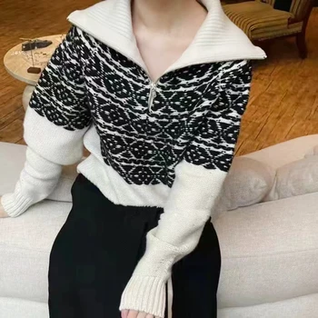 Ретро женски пуловер от смесовой вълна, новост зимата 2023, отложной яка, цип по средата, Контрастен пуловер с дълъг ръкав контрастен цвят.