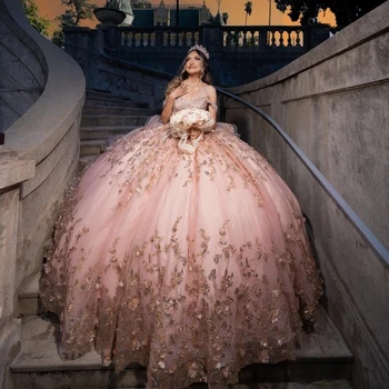 Розови блестящи буйни принцесата рокли, бална рокля с открити рамене, тюлевые апликации, 16 очарователни рокли, 15 мексикански рокли.