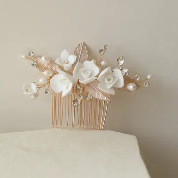 Сватбена украса прическа на булката керамични цвете гребен за коса перла кристал златен цвят, листа аксесоари